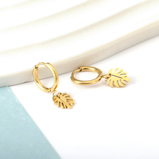 Golden Monstera Hoops ~ Waterproof