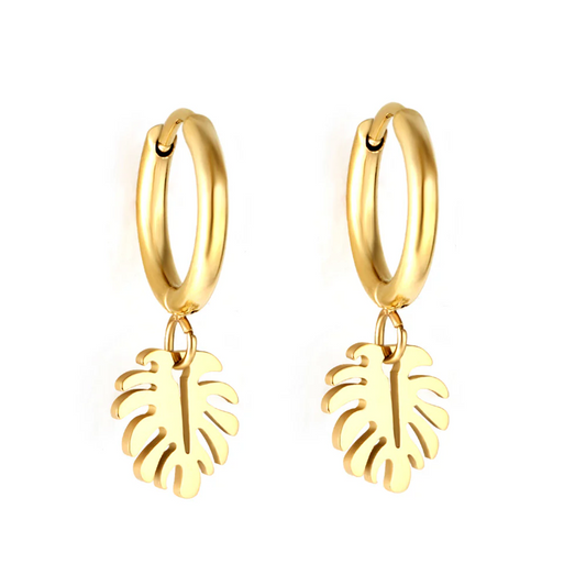 Golden Monstera Hoops ~ Waterproof