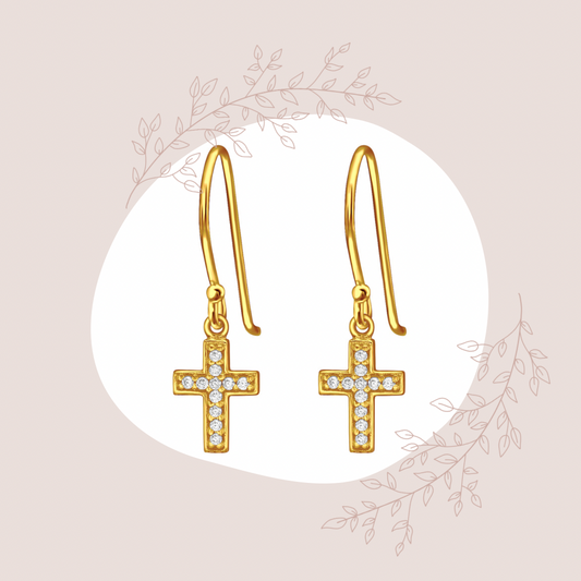 CZ Gold Cross 925 Silver Earrings
