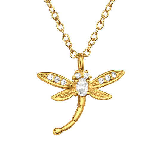 CZ Dragonfly Gold Plated 925 Silver Necklace