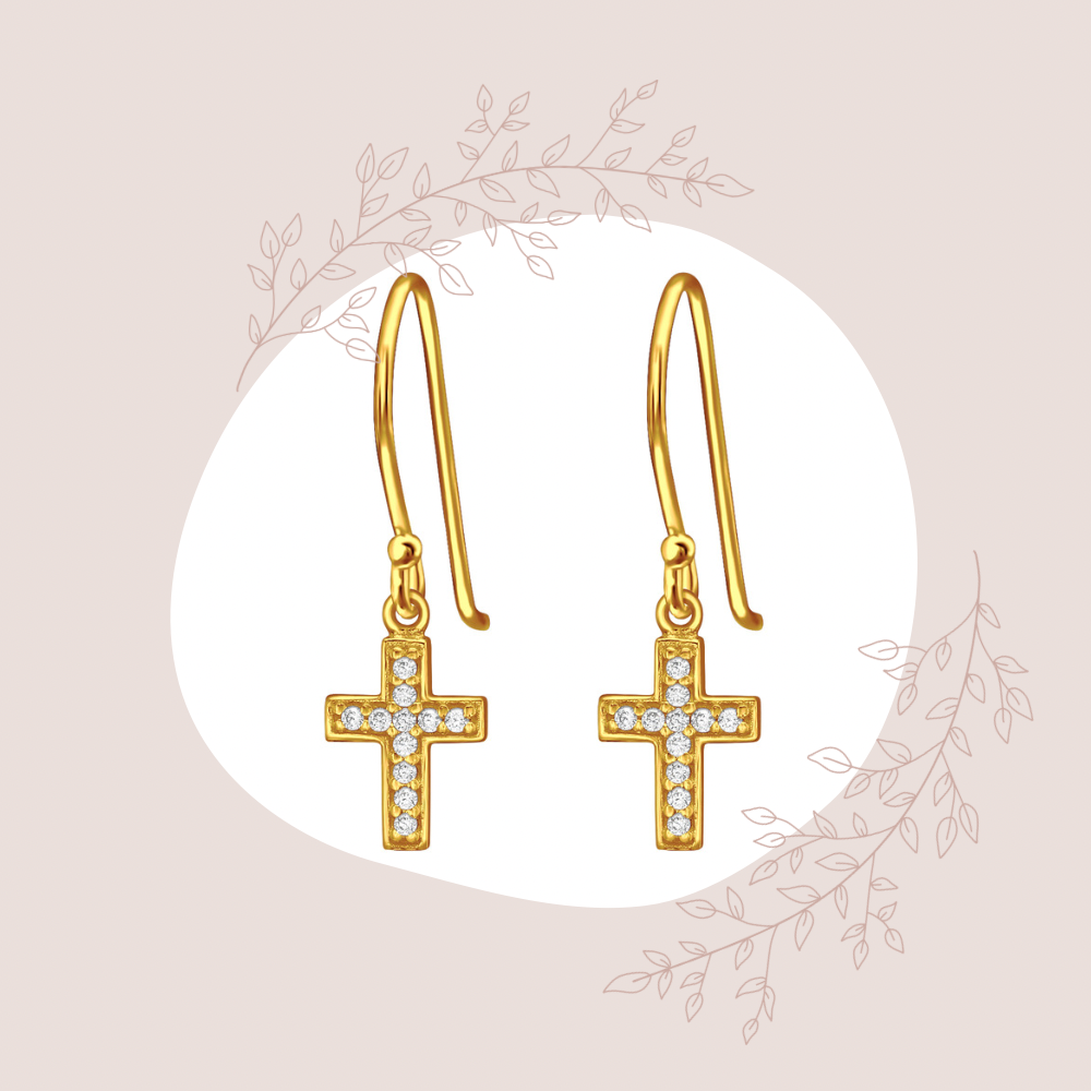 CZ Gold Cross 925 Silver Earrings